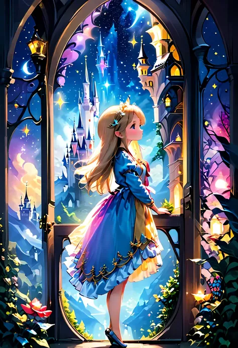 the magical princess looks out of the castle window and the fairy tale kingdom becomes more colorful under the bright starry sky...