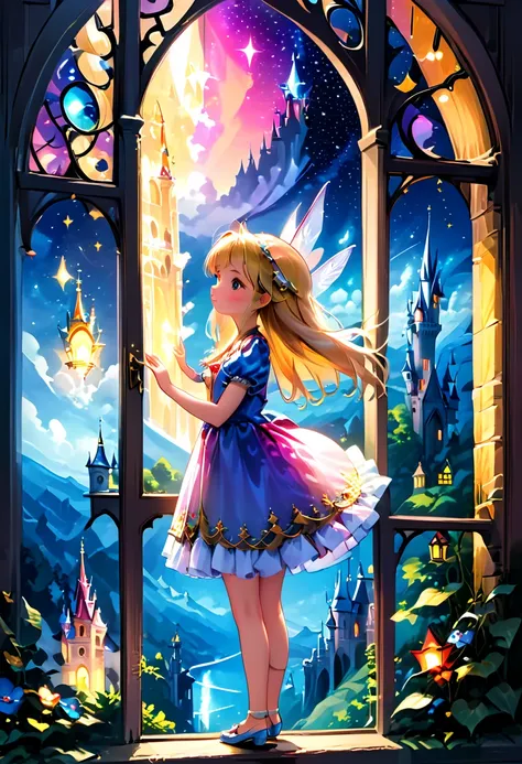 the magical princess looks out of the castle window and the fairy tale kingdom becomes more colorful under the bright starry sky...