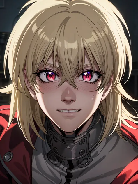 Seras Victoria,detailed face,vampire,handsome face,vampire fangs,red eyes,intense stare,smooth skin,pale complexion,flowing hair,perfectly arched eyebrows,sculpted cheekbones,masterpiece:1.2,ultra-detailed,photorealistic,vivid colors,dark and moody lightin...