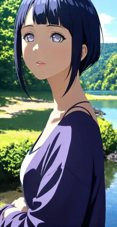 close-up from side, (30 years old adult-Hinata) walk next to lake, [enchanting, surreal, studio lighting, HDR, UHD, K]