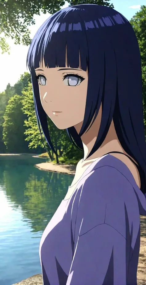 close-up from side, (30 years old adult-Hinata) walk next to lake, [enchanting, surreal, studio lighting, HDR, UHD, K]