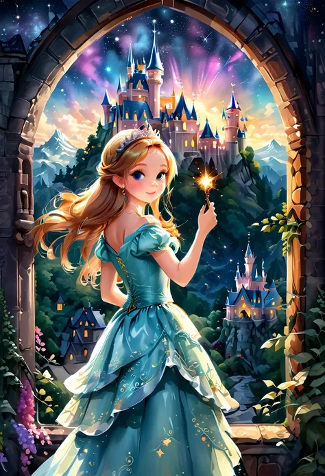 magic princess holding a magic wand.looking out from the castle window, the fairy tale kingdom castle has a luxurious and majest...