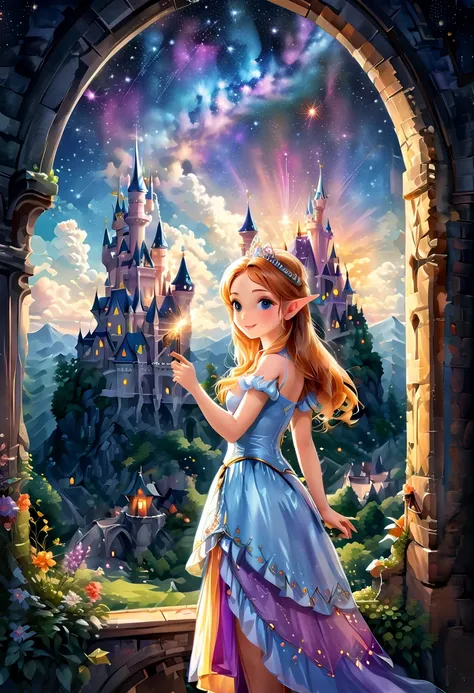 magic princess holding a magic wand.looking out from the castle window, the fairy tale kingdom castle has a luxurious and majest...