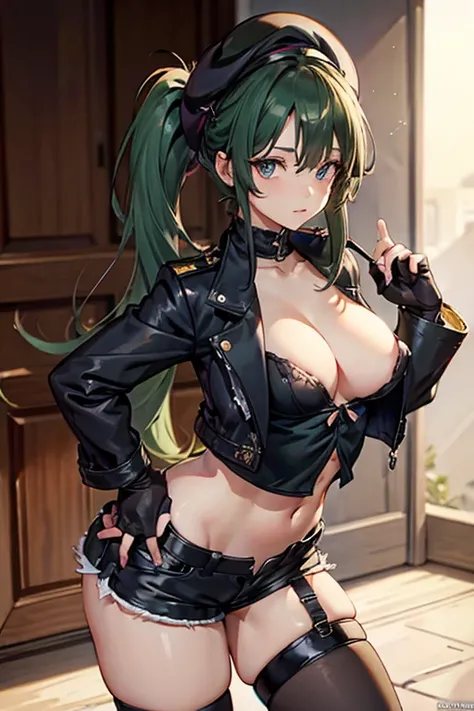 ubel,dark green hair,long hair,side ponytail,hair between eyes,bangs, BREAK (beret, black jacket, open clothes, cleavage, midriff, black shorts, black thighhighs, thigh strap, fingerless gloves, single glove:1.2) BREAK blurry background, BREAK pose, hand o...