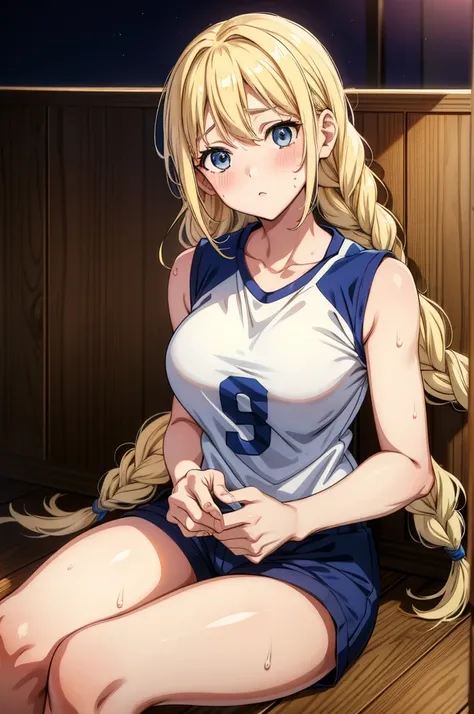 this anime girl volleyball player with long blonde hair in her shorts and jersey, 1girl, braid, solo, sweat, blue eyes, long hair, blonde hair, shorts, sitting, looking at viewer, twin braids, shirt, blush, breasts, thighs, collarbone