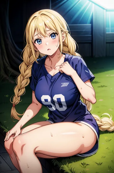 this anime girl volleyball player with long blonde hair in her shorts and jersey, 1girl, braid, solo, sweat, blue eyes, long hair, blonde hair, shorts, sitting, looking at viewer, twin braids, shirt, blush, breasts, thighs, collarbone