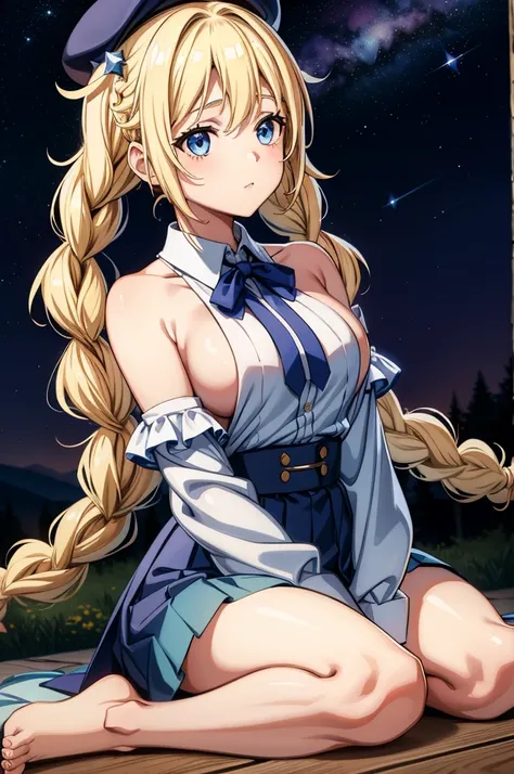 a female character with blonde hair and a hat on, kneeling beside a night sky, 1girl, solo, long hair, blue eyes, blonde hair, hat, skirt, braid, twin braids, breasts, shirt tucked in, shirt, sitting, star (sky), bare shoulders, thigh strap, twintails