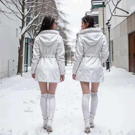 Female supermodel. Walking in the snow. Showing back. White snow paints. White fur coat.