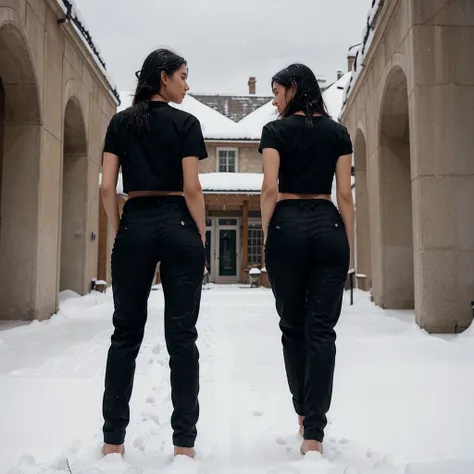 Female supermodel. Walking in the snow. Showing back. Black snow pants. Black T-shirt.