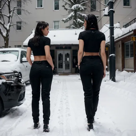 Female supermodel. Walking in the snow. Showing back. Black snow pants. Black T-shirt.