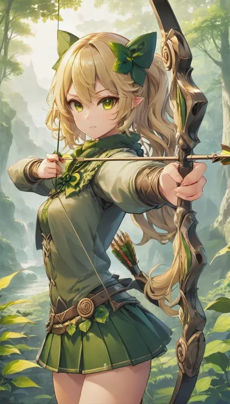 a girl with a bow and arrow in her hand, an anime drawing, inspired by Ike no Taiga, shin hanga, fantasy sticker illustration, [[[[grinning evily]]]], various posed,, ivy, 2 d render, (twin tail), (big curly blonde hair), yellow eyes, (green clothes), mini...