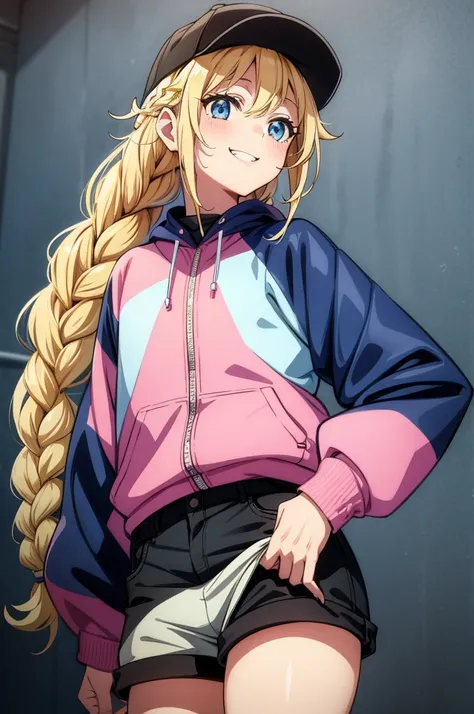 an animated drawing of a chick with blonde curly hair and pink jacket, 1girl, solo, hat, braid, blue eyes, blonde hair, smile, twin braids, shorts, long hair, baseball cap, looking at viewer, shirt, jacket, white background, hand in pocket, blush, grin, wh...