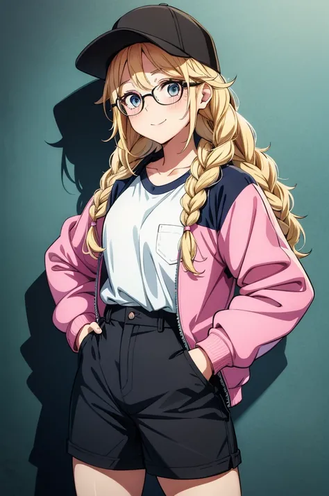 a very pretty girl in a baseball cap with long hair and glasses, 1girl, hat, shorts, blonde hair, long hair, blue eyes, braid, baseball cap, smile, twin braids, black shorts, jacket, shirt, black headwear, looking at viewer, white shirt, hand in pocket, so...