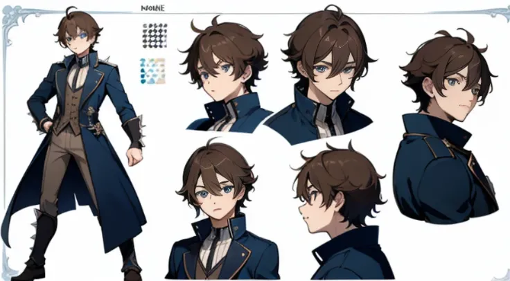 ((Masterpiece, highest quality)), detailed face, character sheet, Full body, 1boy, blue eyes, brown hair, , short hair, messy hair, ((spiky hair)),, hair between eyes, blue theme, full of details, multiple poses and expressions, highly detailed, depth, man...