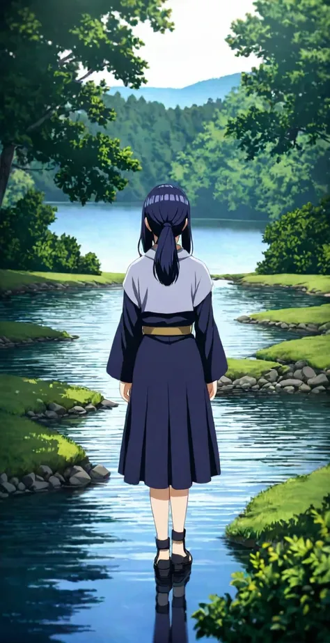 close-up from side, (30 years old adult-Hinata) walk next to lake, [enchanting, surreal, studio lighting, HDR, UHD, K]