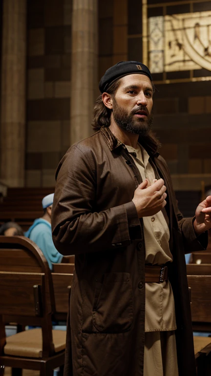 moses, 35 year old man, israelite clothing, brown hair, hyper-realistic, photo realism, cinematography, preaching in the synagogues
