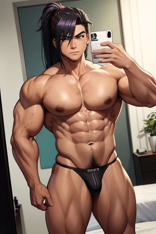 20 year old male bodybuilder anime character wearing a black bodybuilder thong with a mullet hairstyle with ash colored hair while taking a photo in a mirror in his room flexing his muscles with a suggestive look
