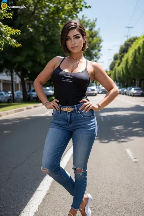 (8k, calidad superior, obra maestra:1.2), (realista, photo-realista:1.37), mujer en jeans y sujetador de encaje, posando afuera,...