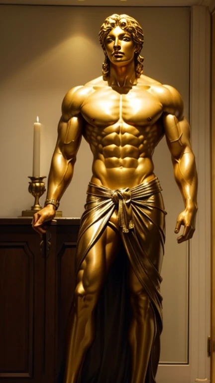 A stunning golden statue of David, tall and proud, with his chiseled features and muscular physique on full, full-length display