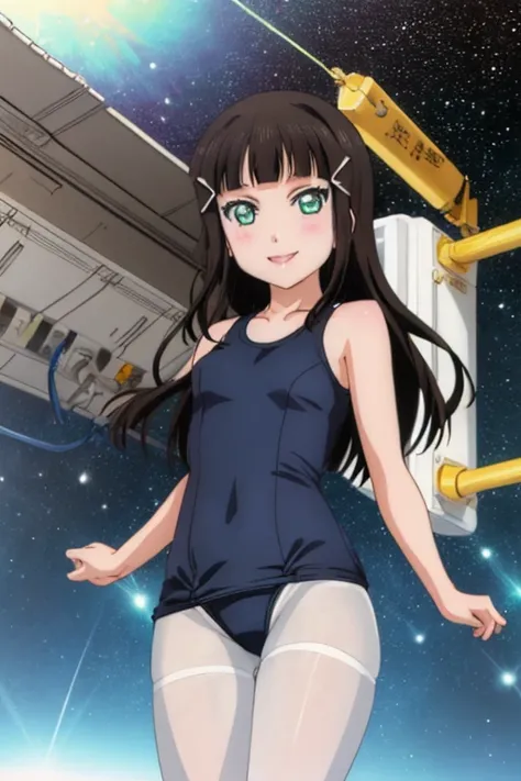 best quality, ultra-detailed masterpiece, dia kurosawa, one-piece swimsuit, pantyhose, anime art style, cute characters, space station, open legs, smile