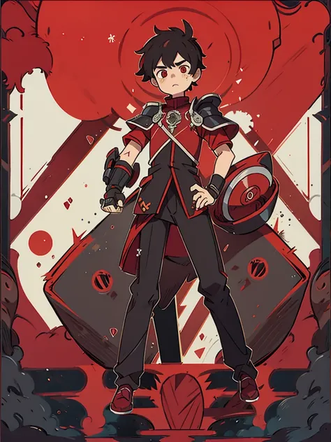 Boy with left arm and right leg mechanical red spiral eyes with black armor 