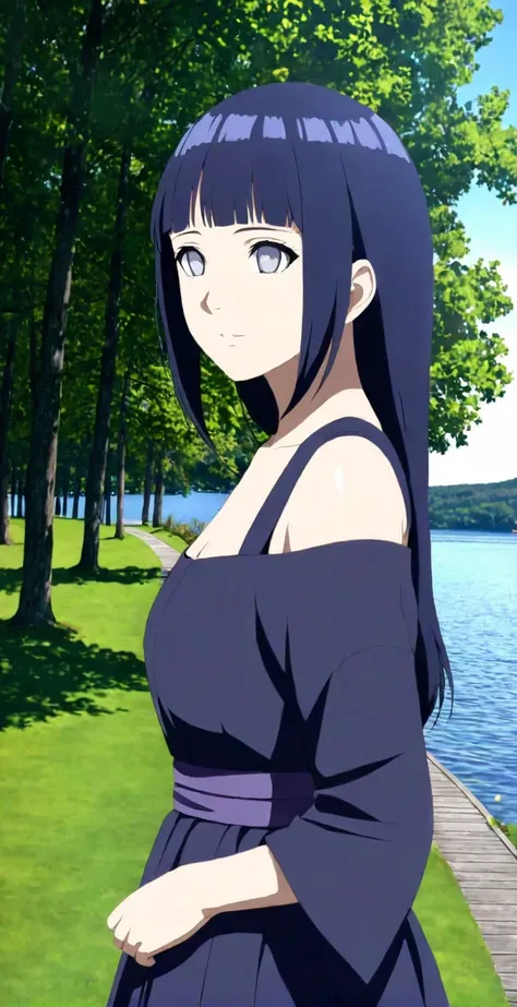 close-up from side, (30 years old adult-Hinata) walk next to lake, [enchanting, surreal, studio lighting, HDR, UHD, K]