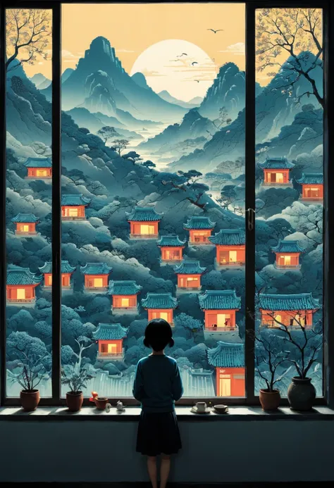 the view outside the window, by tang yau hoong, (masterpiece, best quality, perfect composition, very aesthetic, absurdres, ultr...