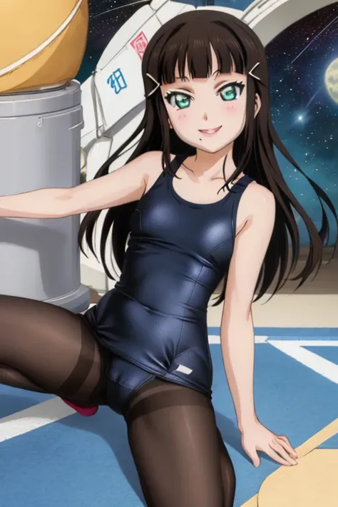 pixel-perfect, best quality, ultra-detailed masterpiece, dia kurosawa, one-piece swimsuit, pantyhose, anime art style, cute characters, space station, open legs, smile