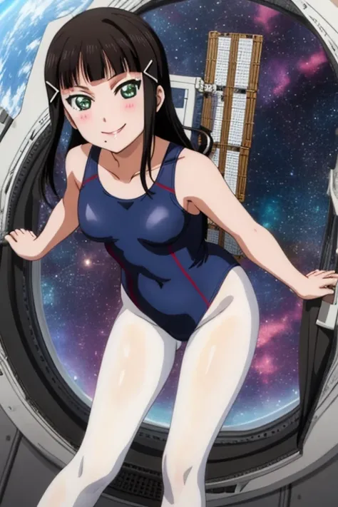 pixel-perfect, best quality, ultra-detailed masterpiece, dia kurosawa, one-piece swimsuit, pantyhose, anime art style, cute characters, space station, open legs, smile