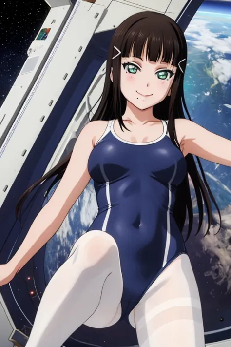 pixel-perfect, best quality, ultra-detailed masterpiece, dia kurosawa, one-piece swimsuit, pantyhose, space station, open legs, smile