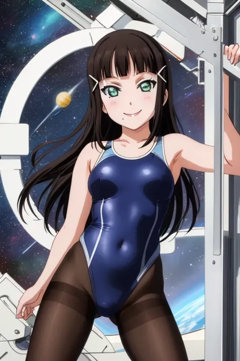 pixel-perfect, best quality, ultra-detailed masterpiece, dia kurosawa, one-piece swimsuit, pantyhose, space station, open legs, smile