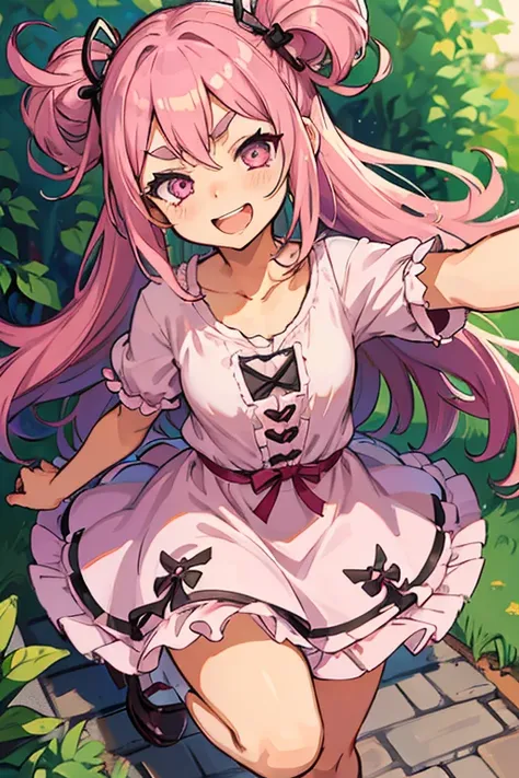 Girls with pink hair, long double-tailed hairstyle, ((small pink bushy eyebrows)), wearing lolita clothing, shorts, marked vagina, lolicon (Zankuro) drawing style by zankuro artist, Zancro style, image uploaded to R34, flirty smile, take a selfie, close-up...