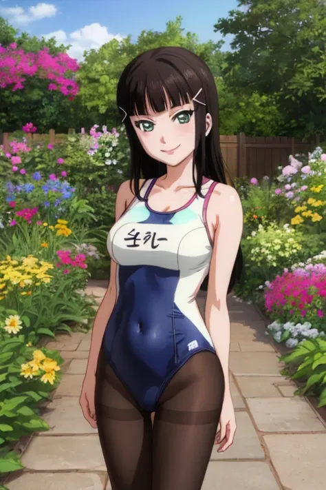 pixel-perfect, best quality, ultra-detailed masterpiece, dia kurosawa, one-piece swimsuit, pantyhose, garden, open legs, smile