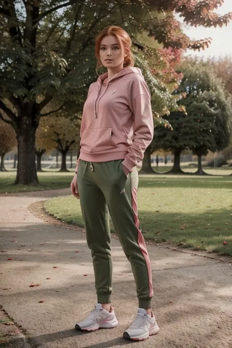 une femme de 25 ans, rousse aux yeux verts, faisant un jogging dans un parc, en jogging gris et rose