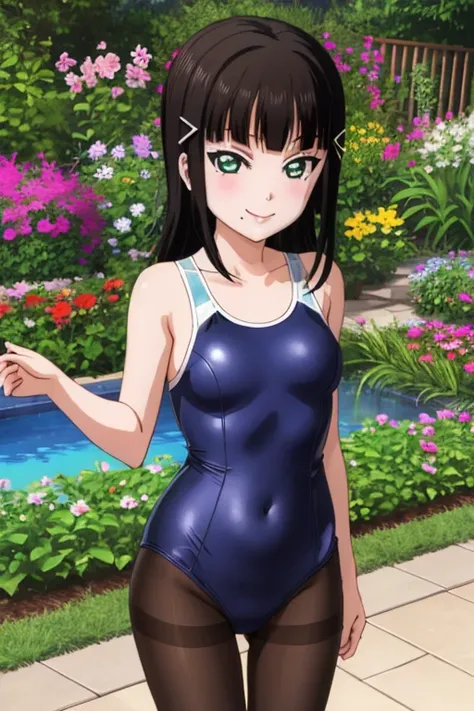 pixel-perfect, best quality, ultra-detailed masterpiece, dia kurosawa, one-piece swimsuit, pantyhose, garden, open legs, smile