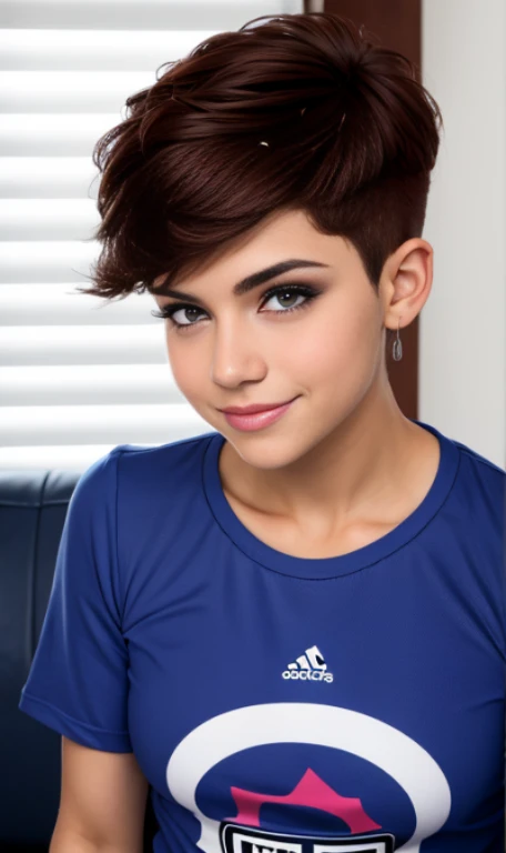 Photo oF a 17 year-old American girl, beautiFul woman,  light brown hair pixie , corte de cabello pixie , light brown hair((retrato)), ((Cara detallada:1.2)), ((Detailed Facial Features)), (Piel Finamente detallada), pale skin , pecas en mejillas , ojos az...