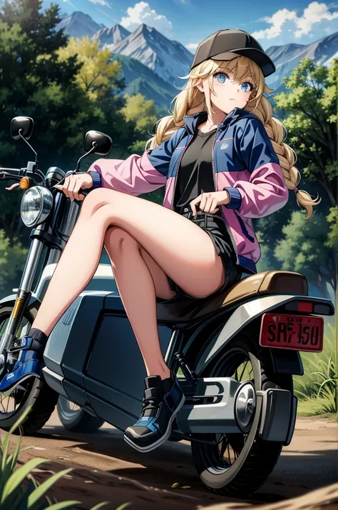 a pretty girl sitting on the side of a motorcycle in the woods, 1girl, ground vehicle, blue eyes, blonde hair, solo, hat, jacket, long hair, braid, mountain, outdoors, motorcycle, black headwear, shorts, looking at viewer, motor vehicle, baseball cap, shoe...