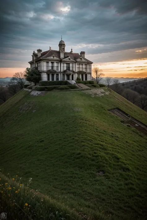 an abandoned mansion on top of a hill