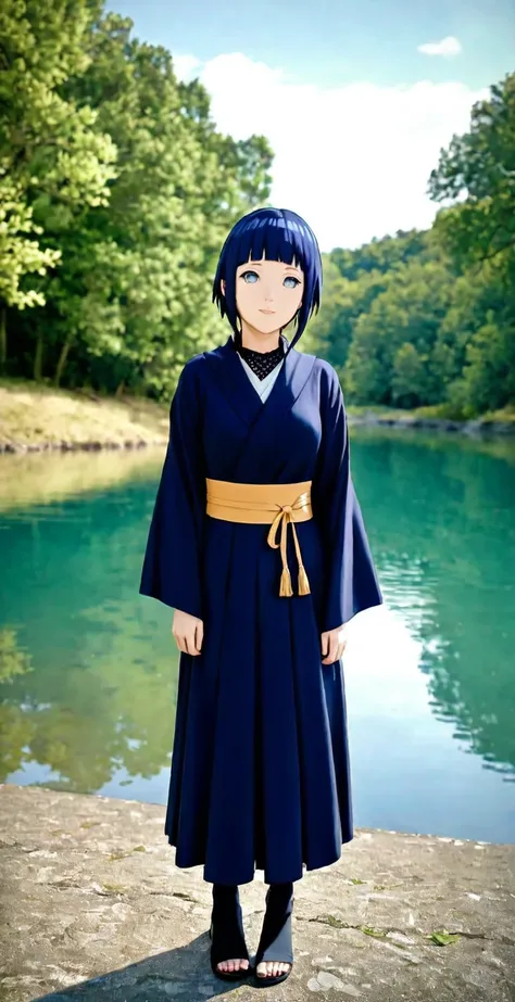 close-up from side, (30 years old adult-Hinata) walk next to lake, [enchanting, surreal, studio lighting, HDR, UHD, K]