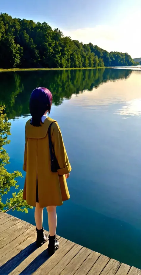 close-up from side, (30 years old adult-Hinata) walk next to lake, [enchanting, surreal, studio lighting, HDR, UHD, K]