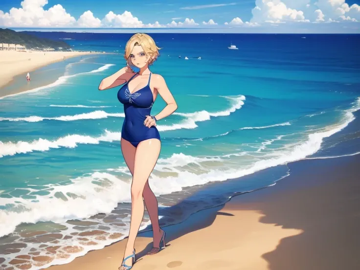 Beautiful short hair blonde woman walking on the beach in tight blue swimsuit, olas de mar, brillo de sol tenue, atardecer, tetas grandes, dark brown eyes