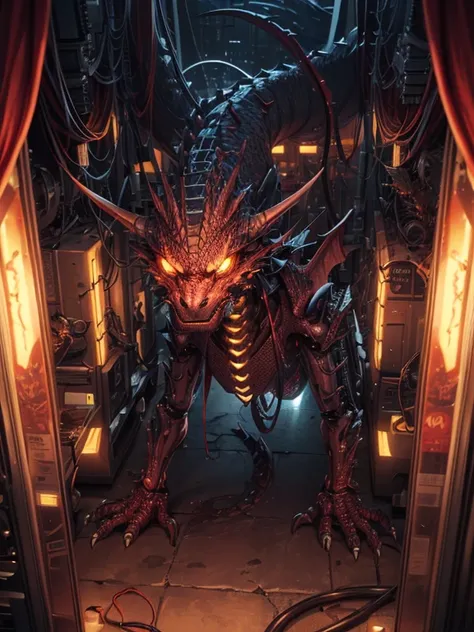 (metal mechanical dragon), (machine-made:1.6), (blood vessels attached to the tube), (cervical vertebrae and mechanical spine), wires ,cables ,(exposed power core:1.5), on all fours roaring, cinematic light, Science fiction, surreal, apocalypse, (CG illust...