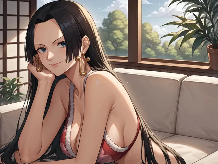 source_anime,score_9,score_8_up, score_7_up, 1girl,solo,outdoors,one piece, boa hancock, couch, indoors, seductive,, face closeup, ((closed mouth)), smirk