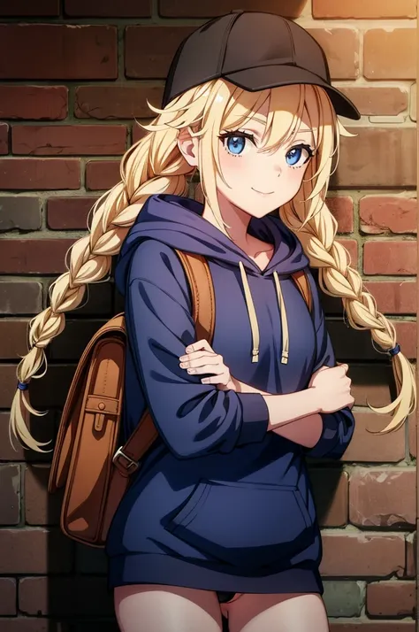 a blonde woman with a backpack on a brick wall with a brick wall, 1girl, solo, blonde hair, long hair, hat, blue eyes, braid, bag, outdoors, hood, smile, baseball cap, underwear, hoodie, looking at viewer, panties, holding, no pants, twin braids, blue hood...