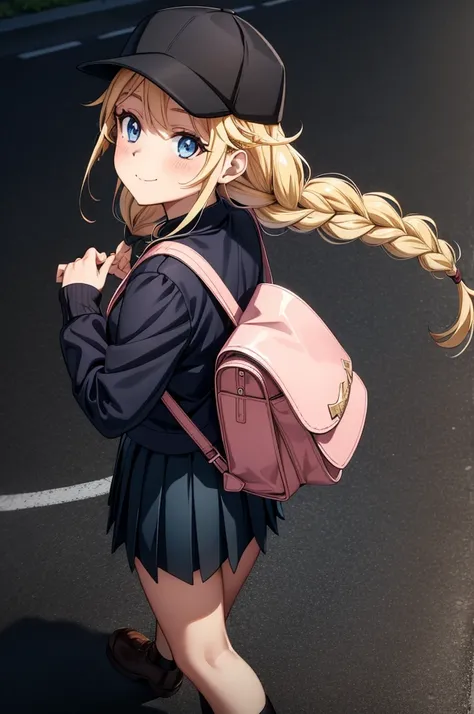 a woman in uniform walking on top of a paved street in sunset, 1girl, solo, outdoors, blue eyes, hat, long hair, skirt, smile, blonde hair, baseball cap, twin braids, bag, long sleeves, braid, backpack, pleated skirt, looking at viewer, black headwear, blu...