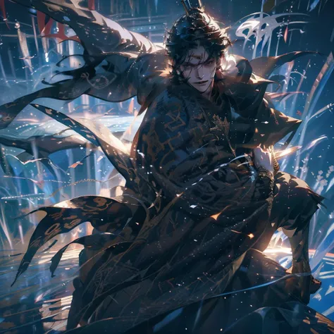 a black hair men holds a sword to a war, shining blade, fantasy sword, light effect on sword, masterpiece, best quality, dramatic lighting, fighting pose, dramatic scenery, war scenery, young men, handsome men, magnificent men, fantasy effect, shining blad...