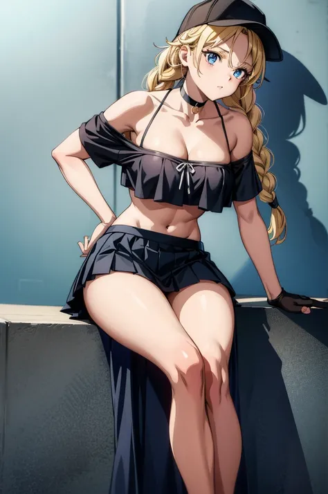 a young women in a bikini top holding a ball and glove a painting of a female character holding a ball,, 1girl, solo, braid, blonde hair, hat, long hair, crop top, navel, skirt, blue eyes, breasts, twin braids, baseball cap, sitting, black skirt, shirt, of...