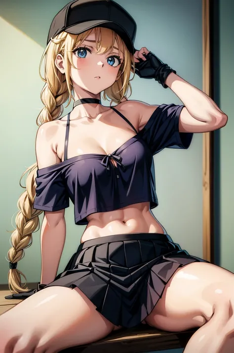 a young women in a bikini top holding a ball and glove a painting of a female character holding a ball,, 1girl, solo, braid, blonde hair, hat, long hair, crop top, navel, skirt, blue eyes, breasts, twin braids, baseball cap, sitting, black skirt, shirt, of...