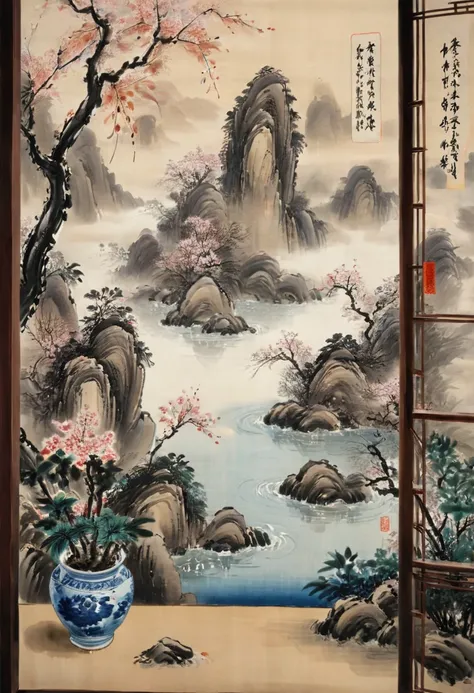 The View Outside the Window, by Qi Baishi, (masterpiece, best quality, perfect composition, very aesthetic, absurdres, ultra-detailed, intricate details, Professional, official art, Representative work:1.3)