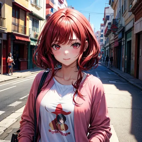 (Mejor calidad:0.8) perfect anime illustration, una bonita, Mujer feliz con cabello rojo largo y rizado en la calle de la ciudad, usando una sudadera color rosa conncapucha, falda